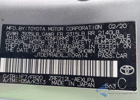 2020 Toyota Corolla Le z USA, uszkodzony, nr VIN JTDEPRAEXLJ109614